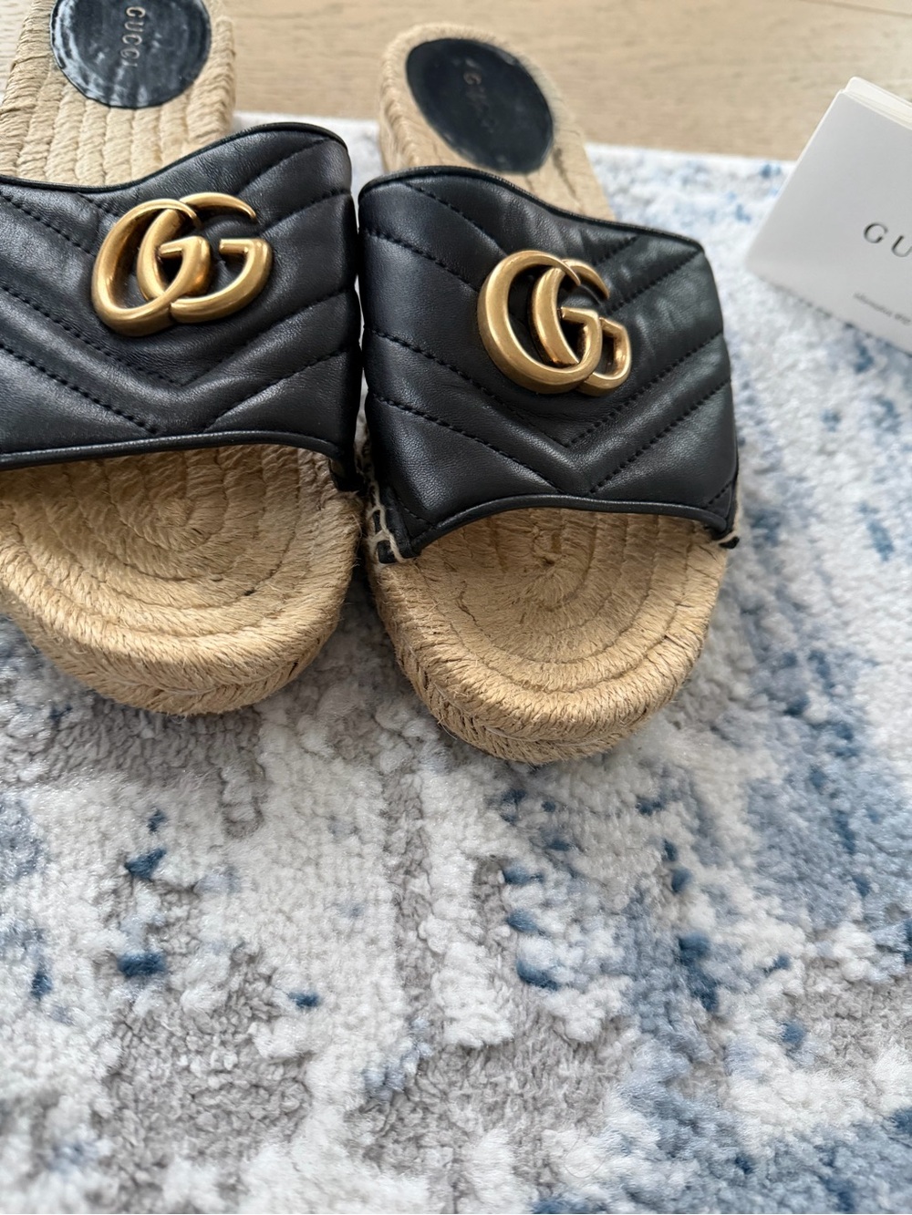 Gucci Black Quilted Leather GG Espadrille Slides with Gold Hardware - Picture 4 of 9